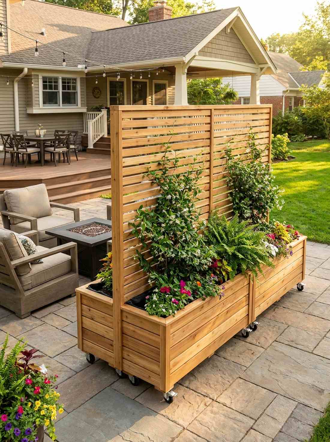 slatted privacy panel with built in planters