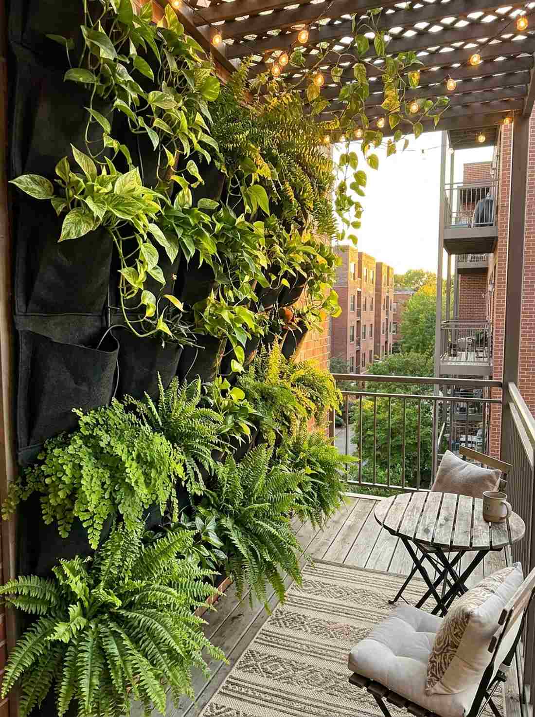 vertical green wall with ferns and pothos