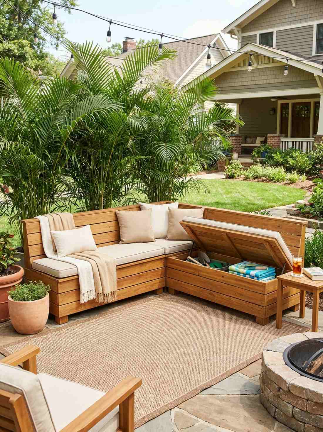 corner bench with areca palm cluster