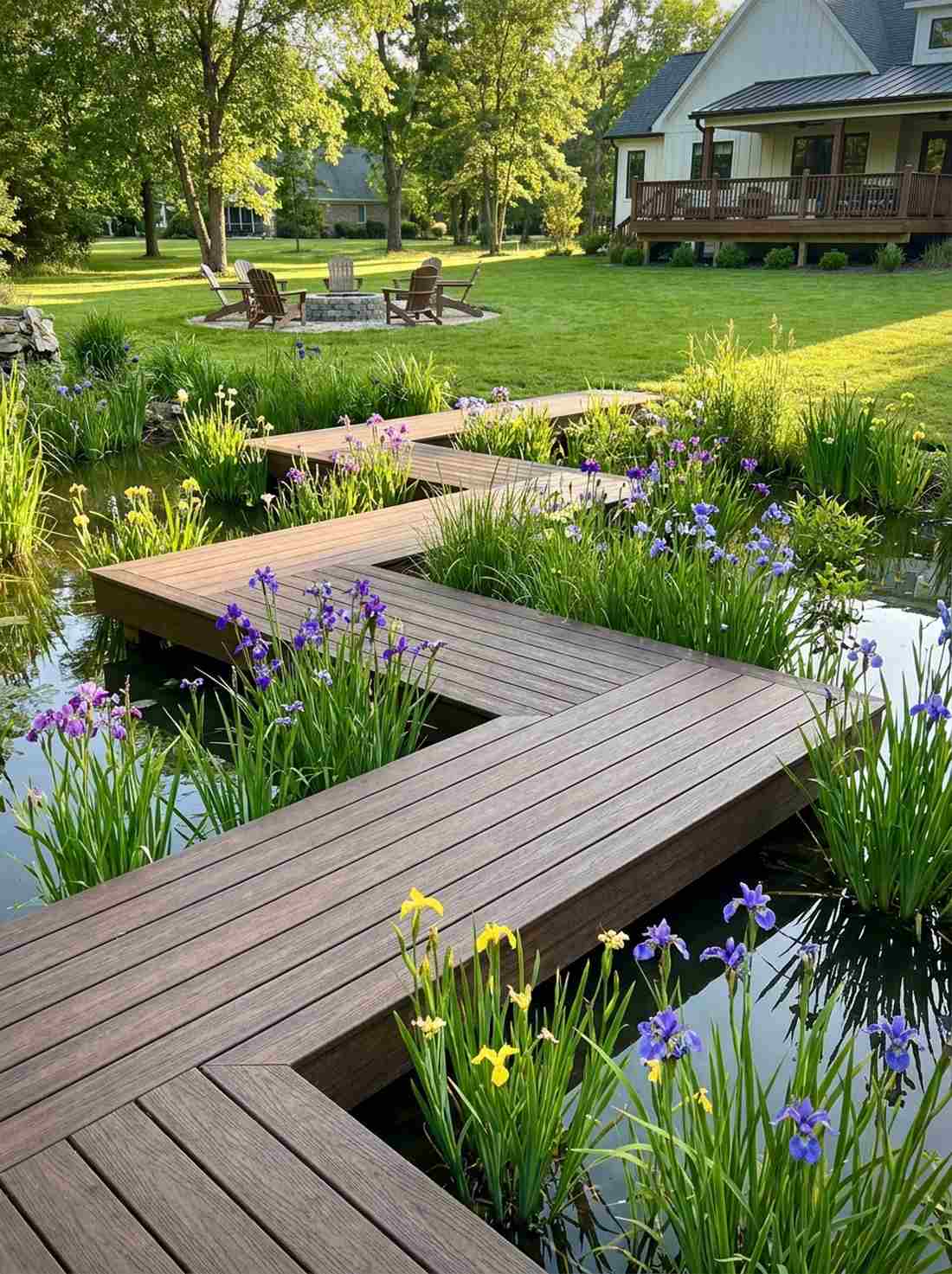 eight plank zigzag bridge over iris beds