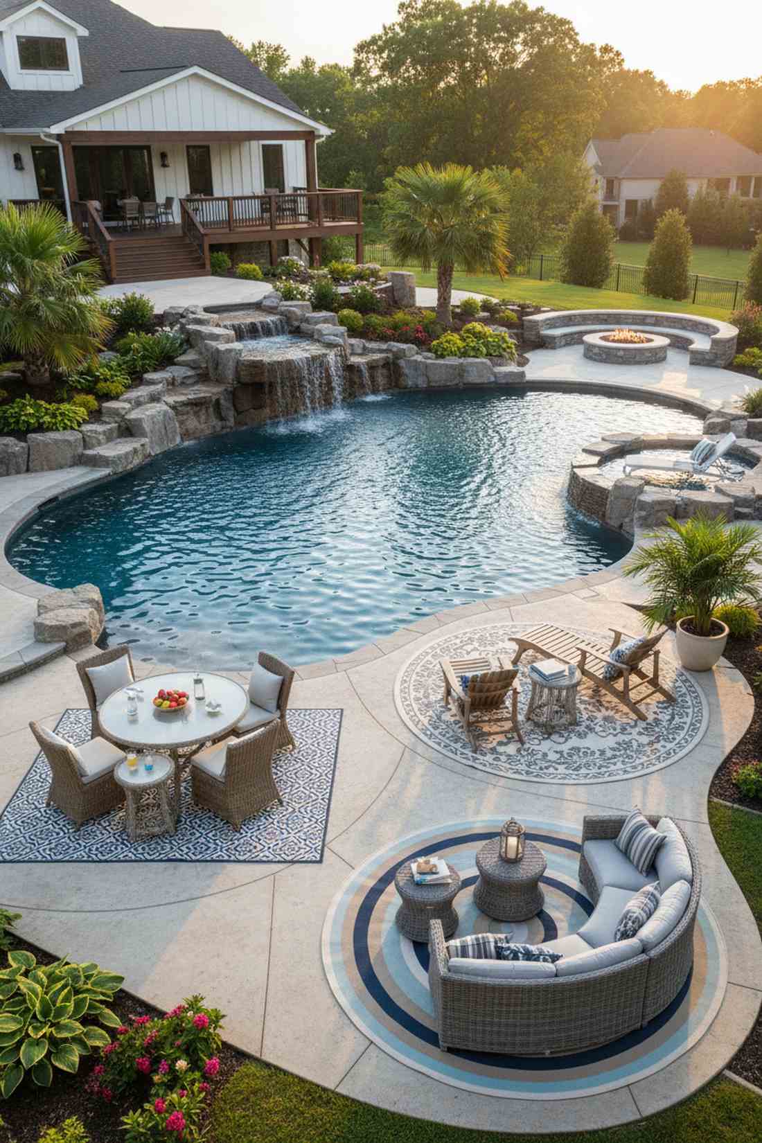 freeform pool with multiple lounging nooks