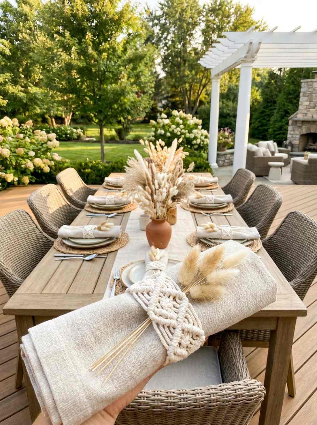 macrame napkin rings with dried flower stems