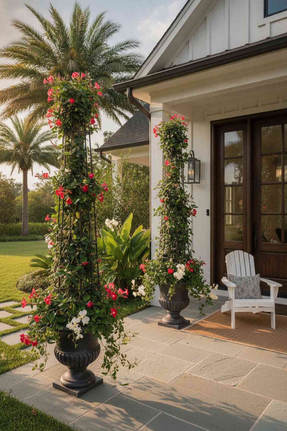 mandevilla vines on obelisks