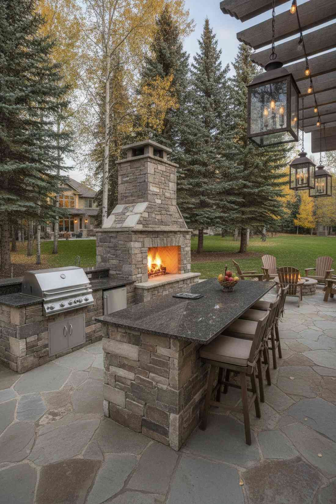 outdoor patio and kitchen with fireplace terminus