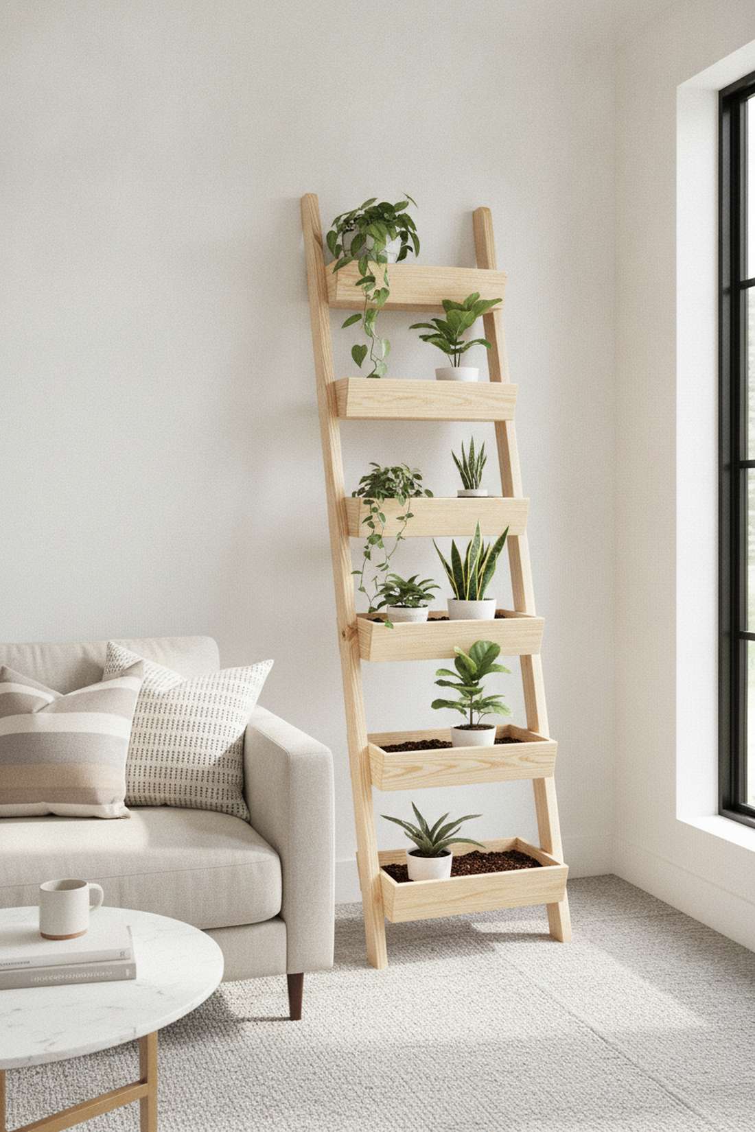 purpose built pine ladder shelf