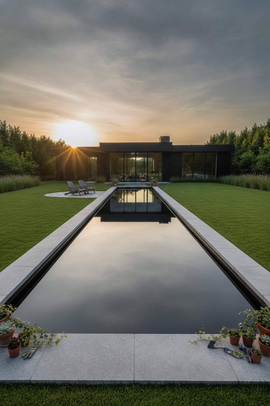 reflecting pool with stone coping