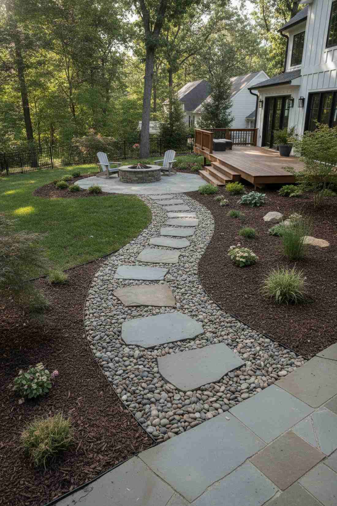 river rock mulch transition