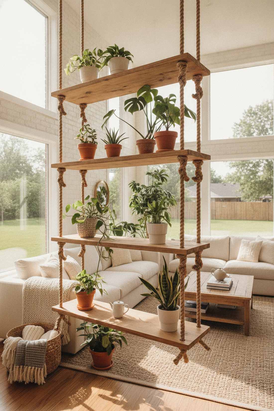rope suspended plank shelves