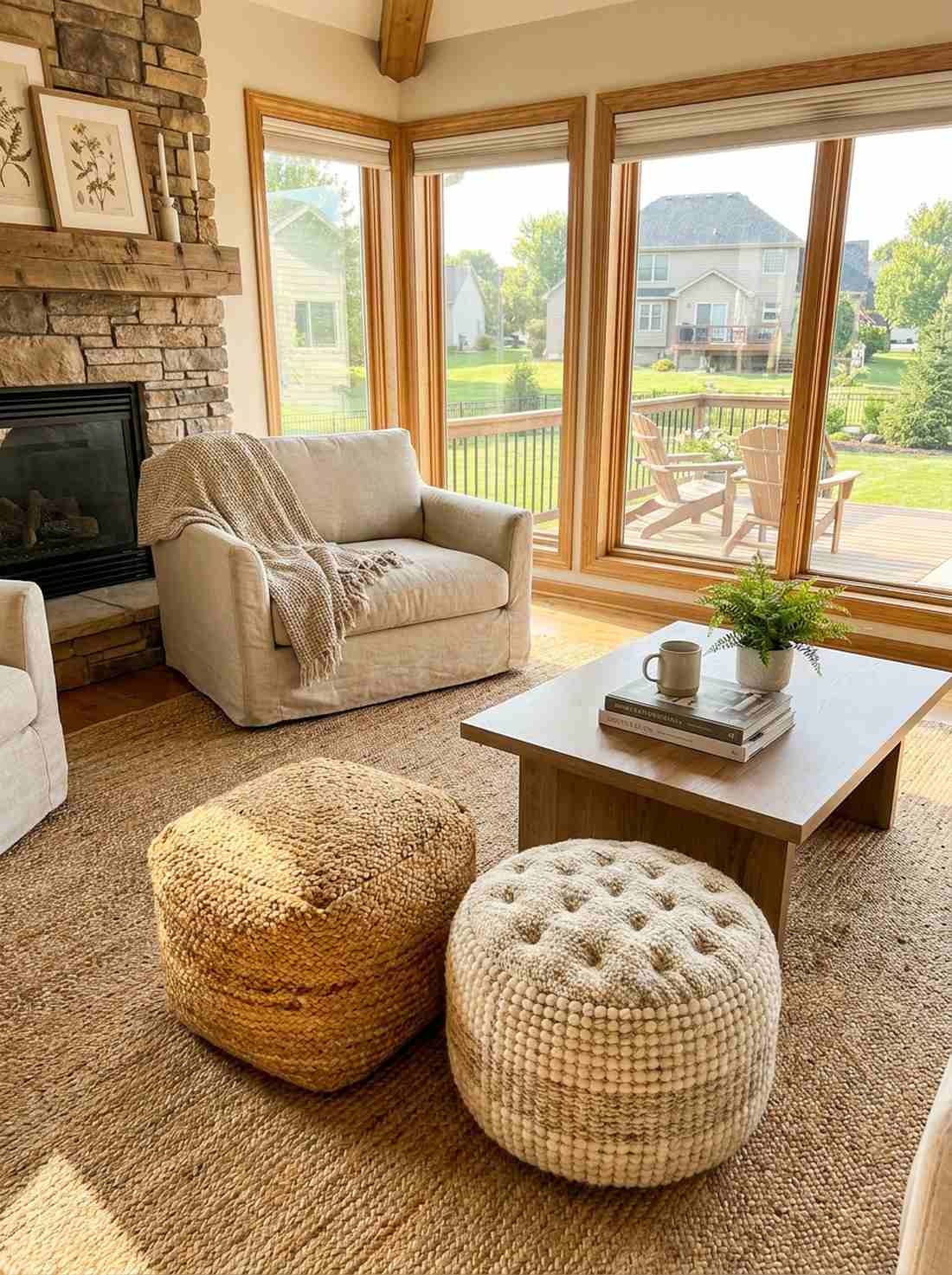 tufted poufs in natural fibers