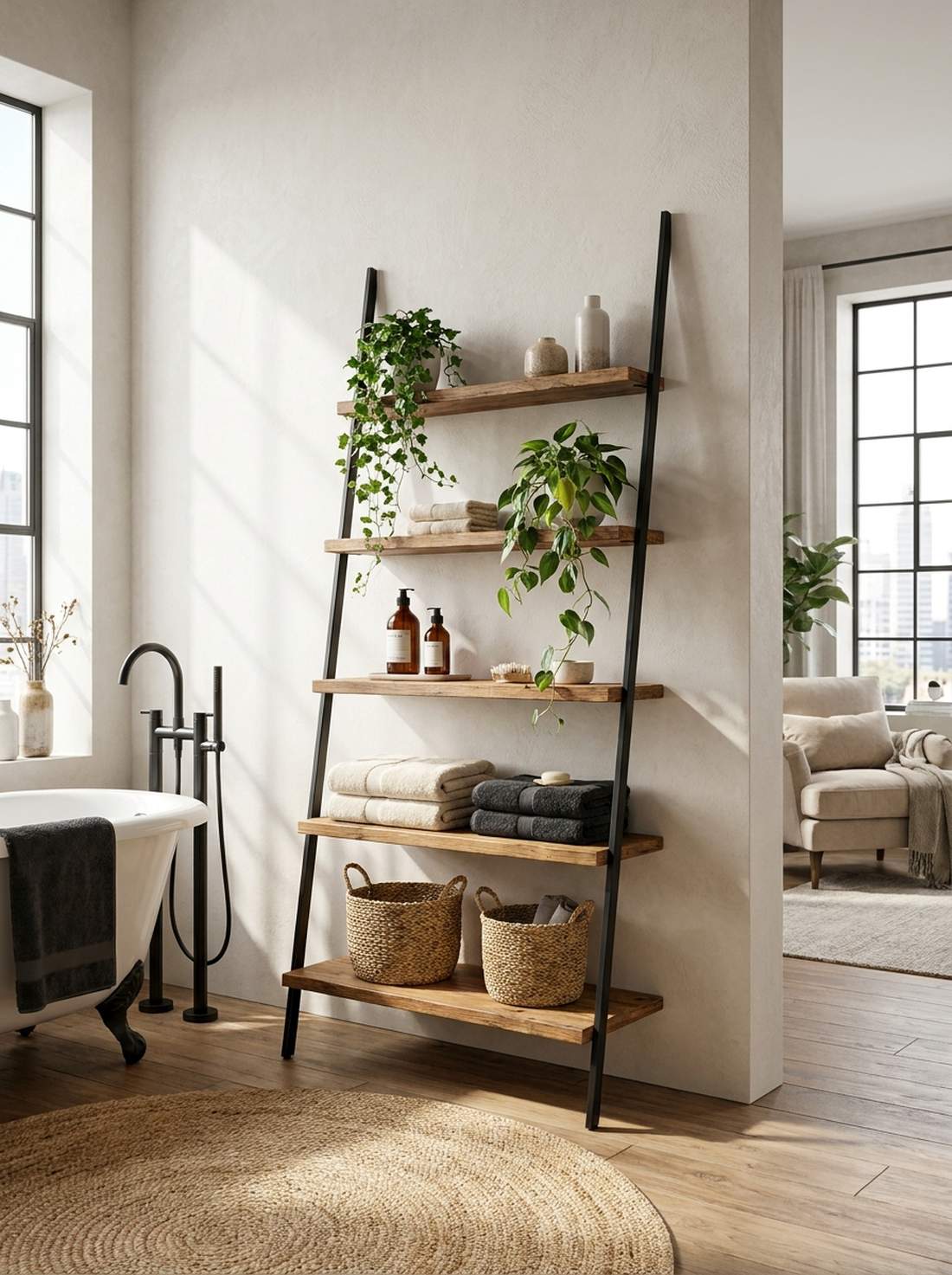 black metal and wood ladder shelf