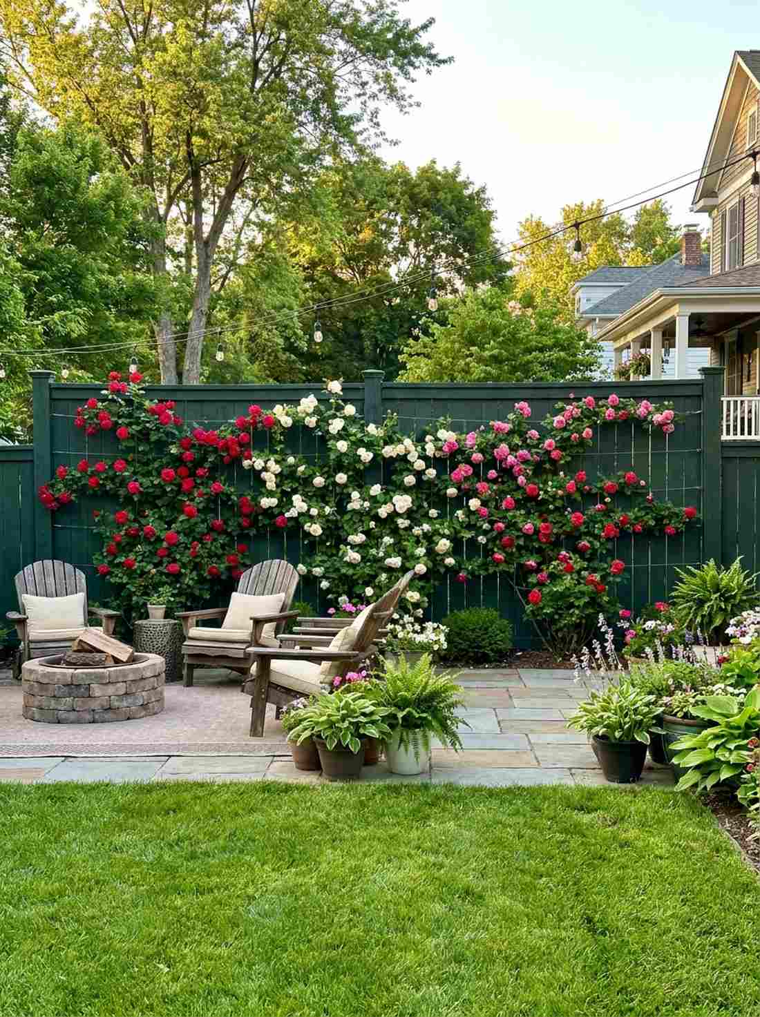 climbing roses with forest green