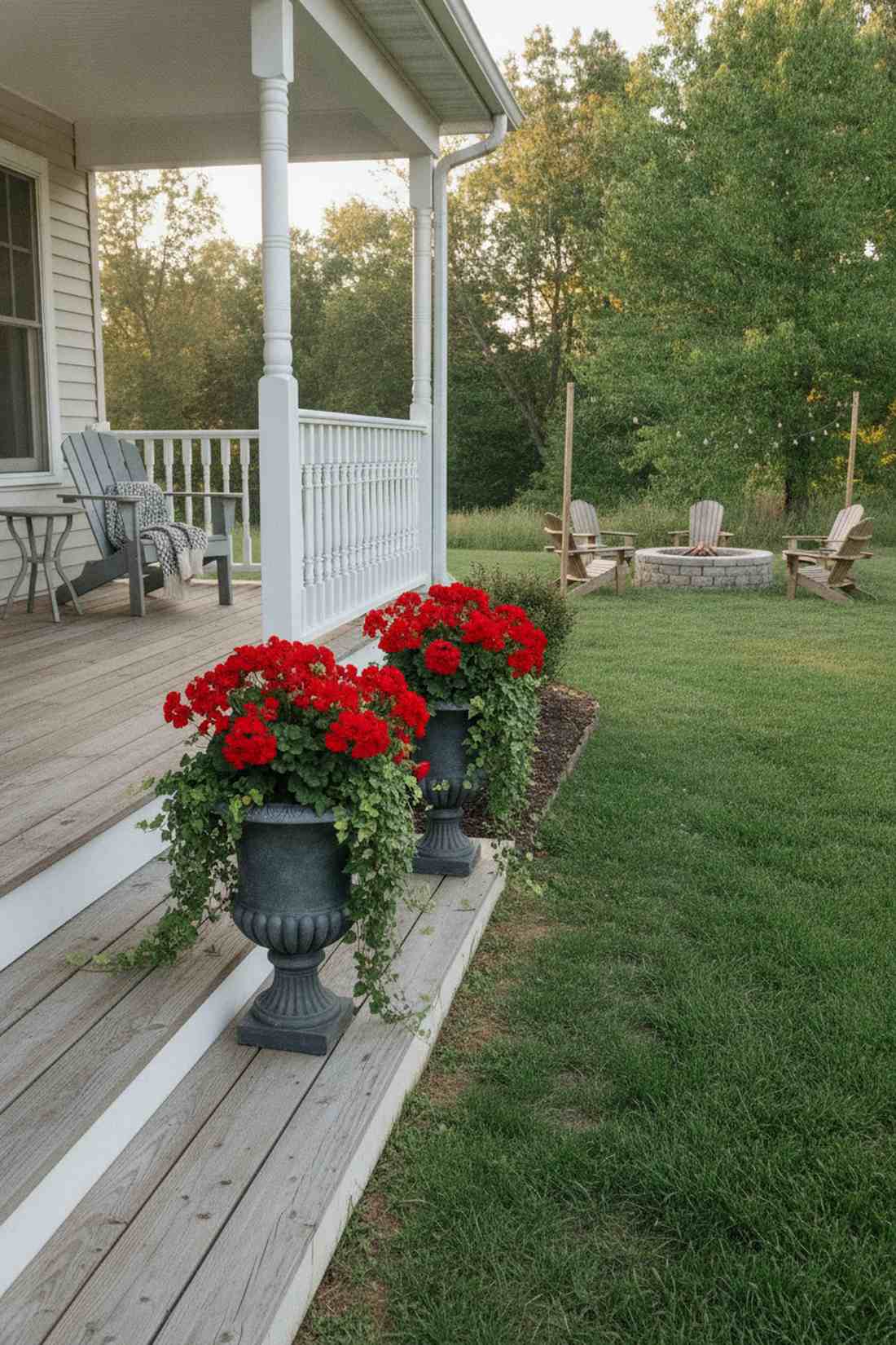 geranium filled urns