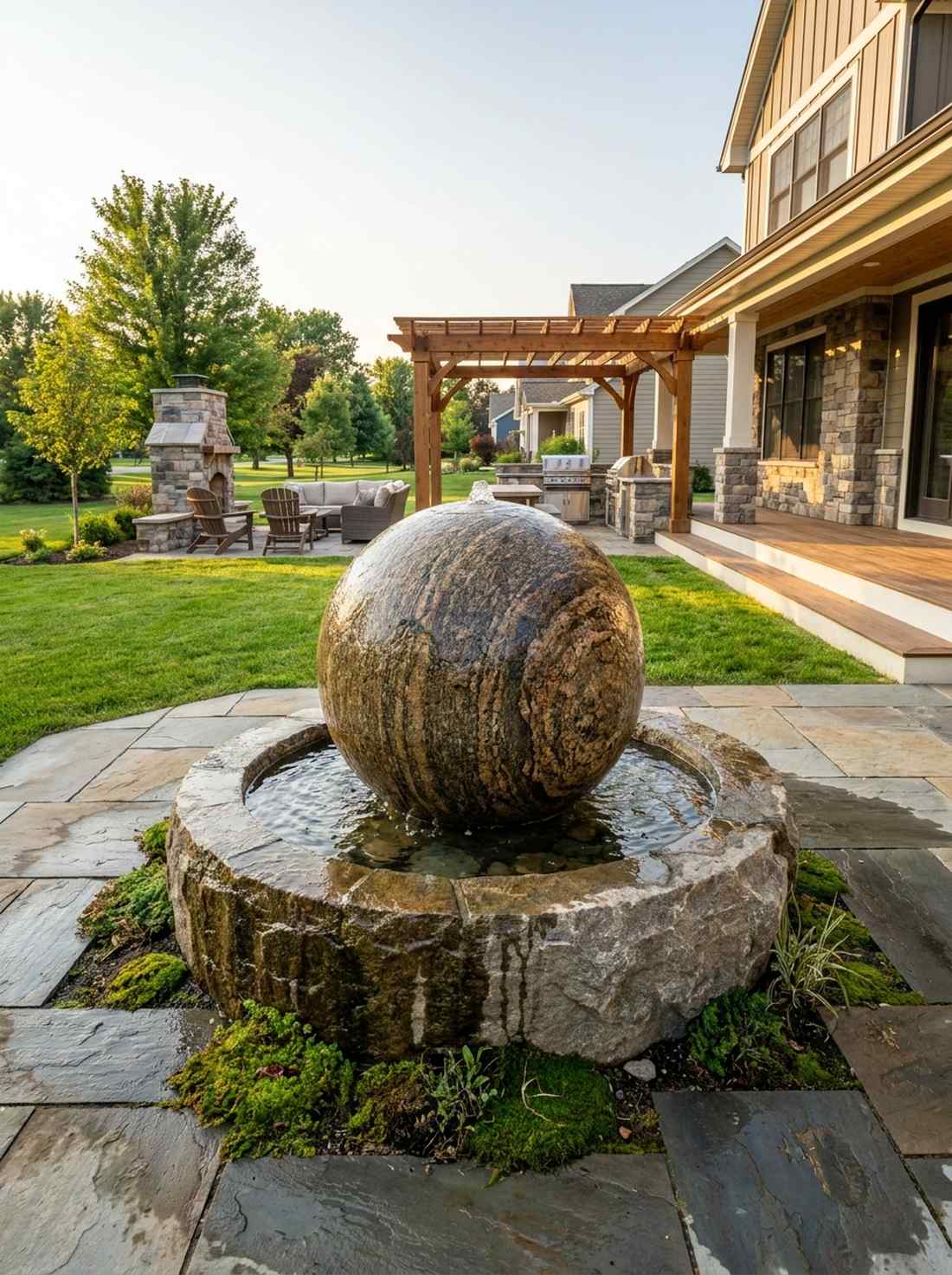 granite sphere with natural stone basin