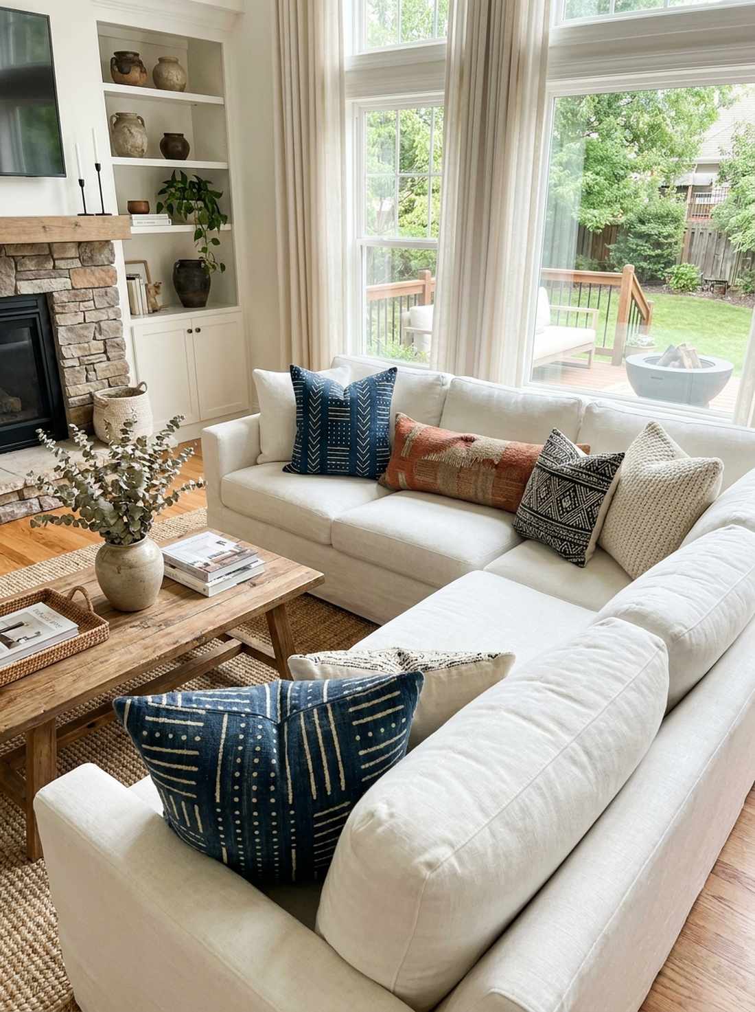 mixed pattern pillow arrangement