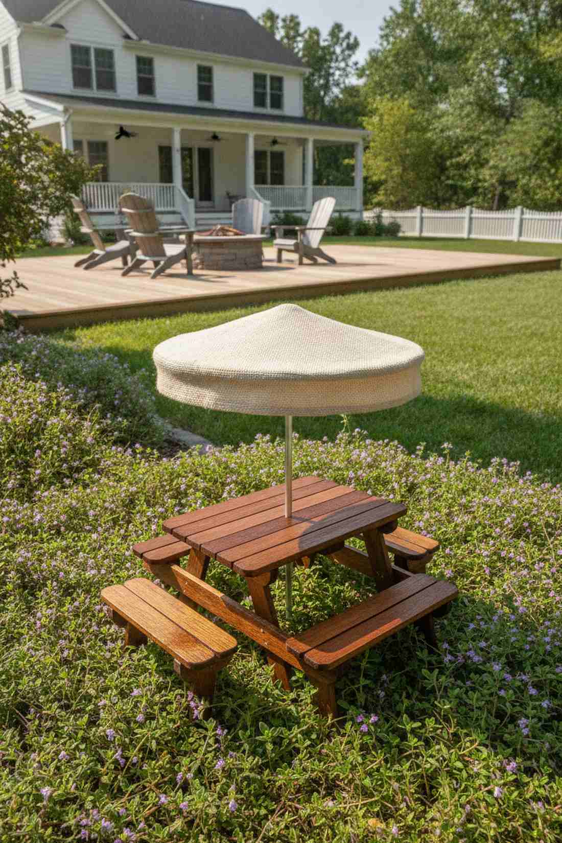 picnic tables with umbrellas