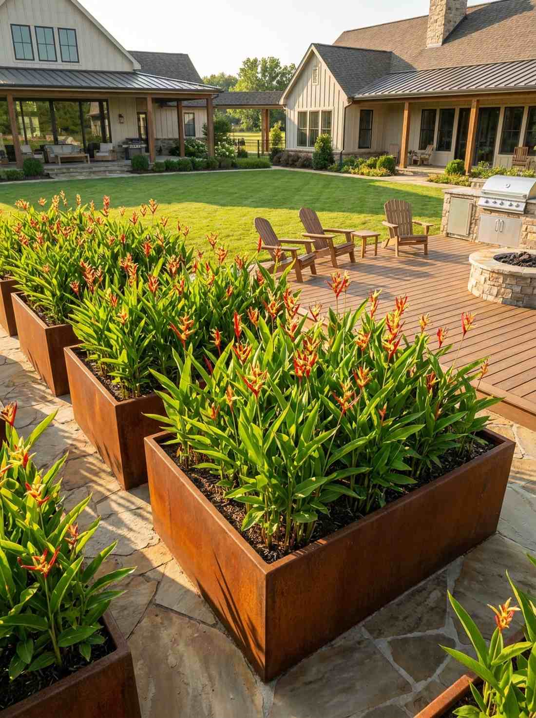 raised steel planter beds with heliconia