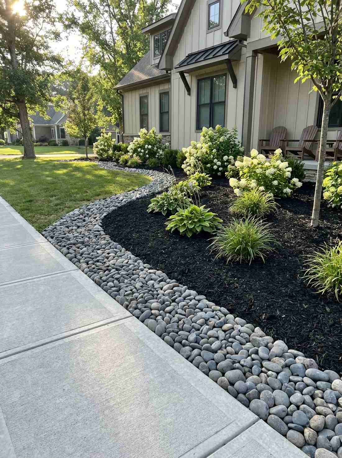 river rock and mulch transition
