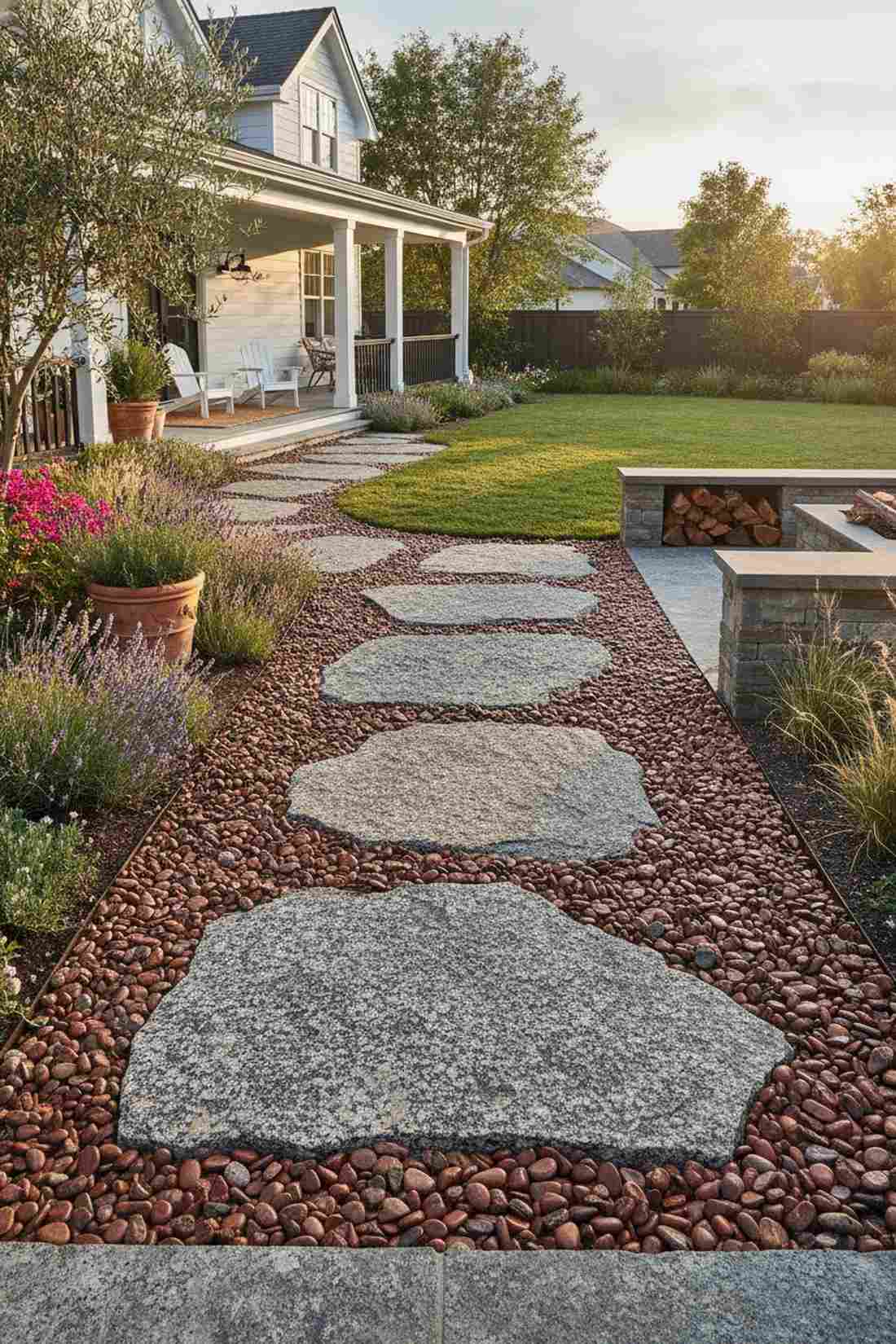 rough granite slabs with smooth jasper pebbles