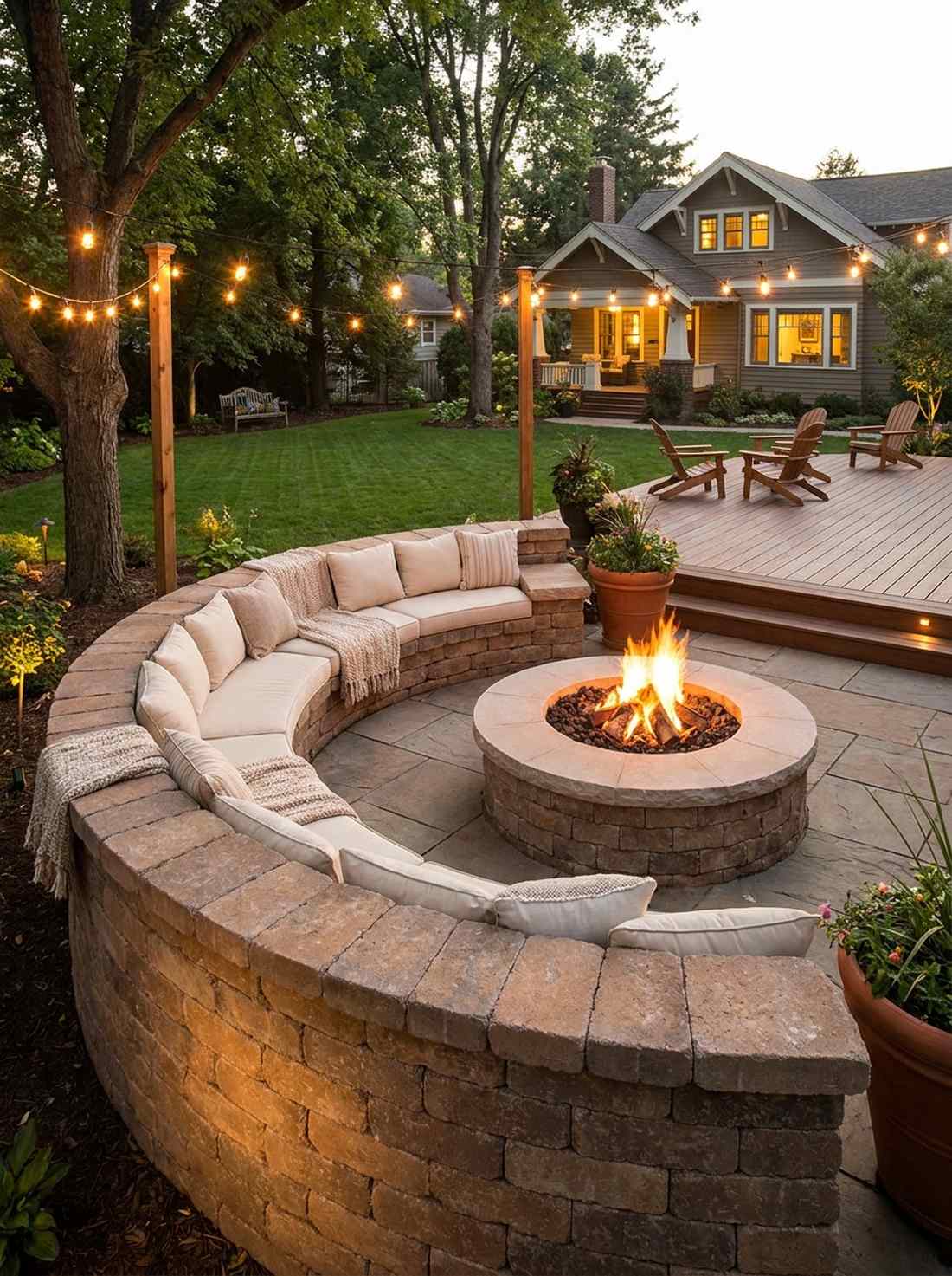 semicircular bench around fire pit