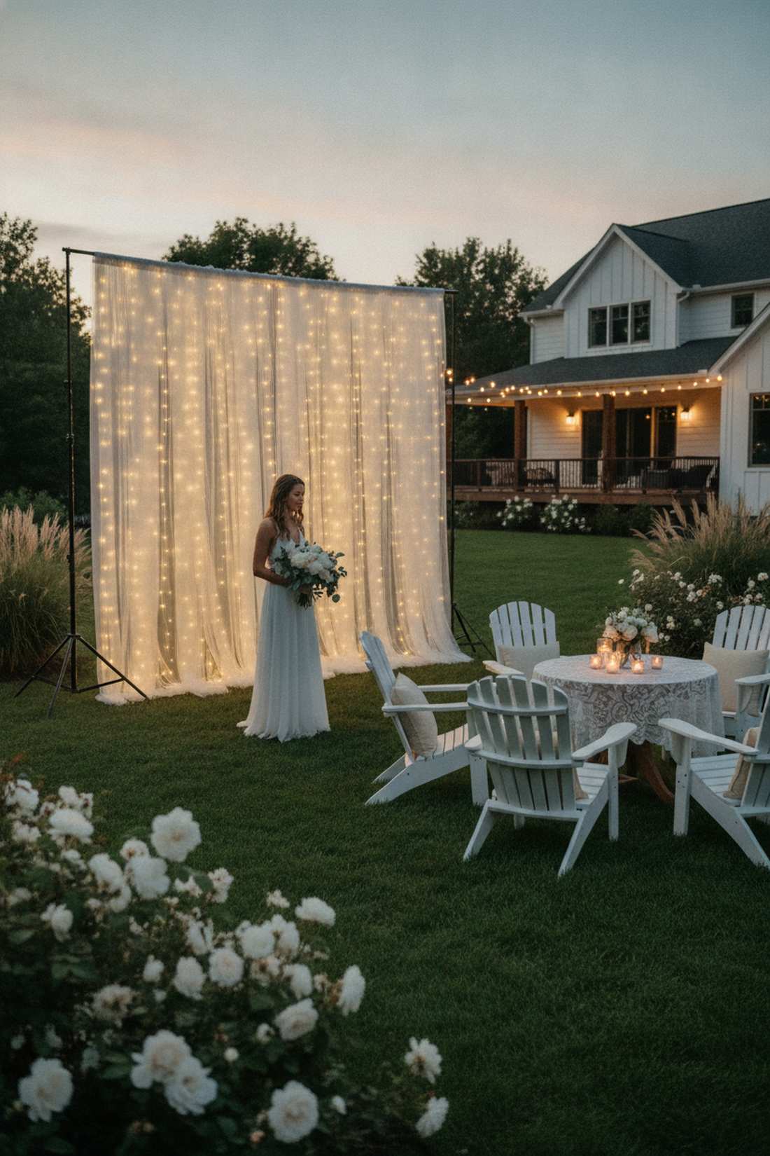 sheer curtain twinkle light backdrop
