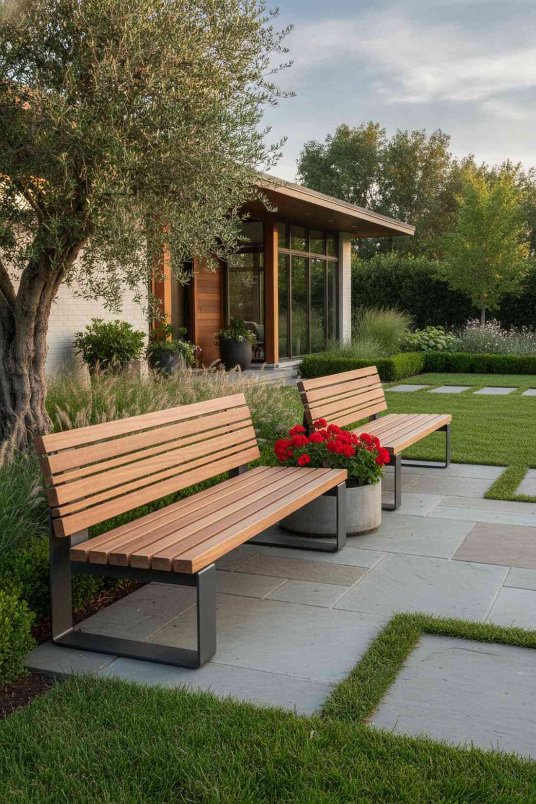 steel strap and slat wood benches