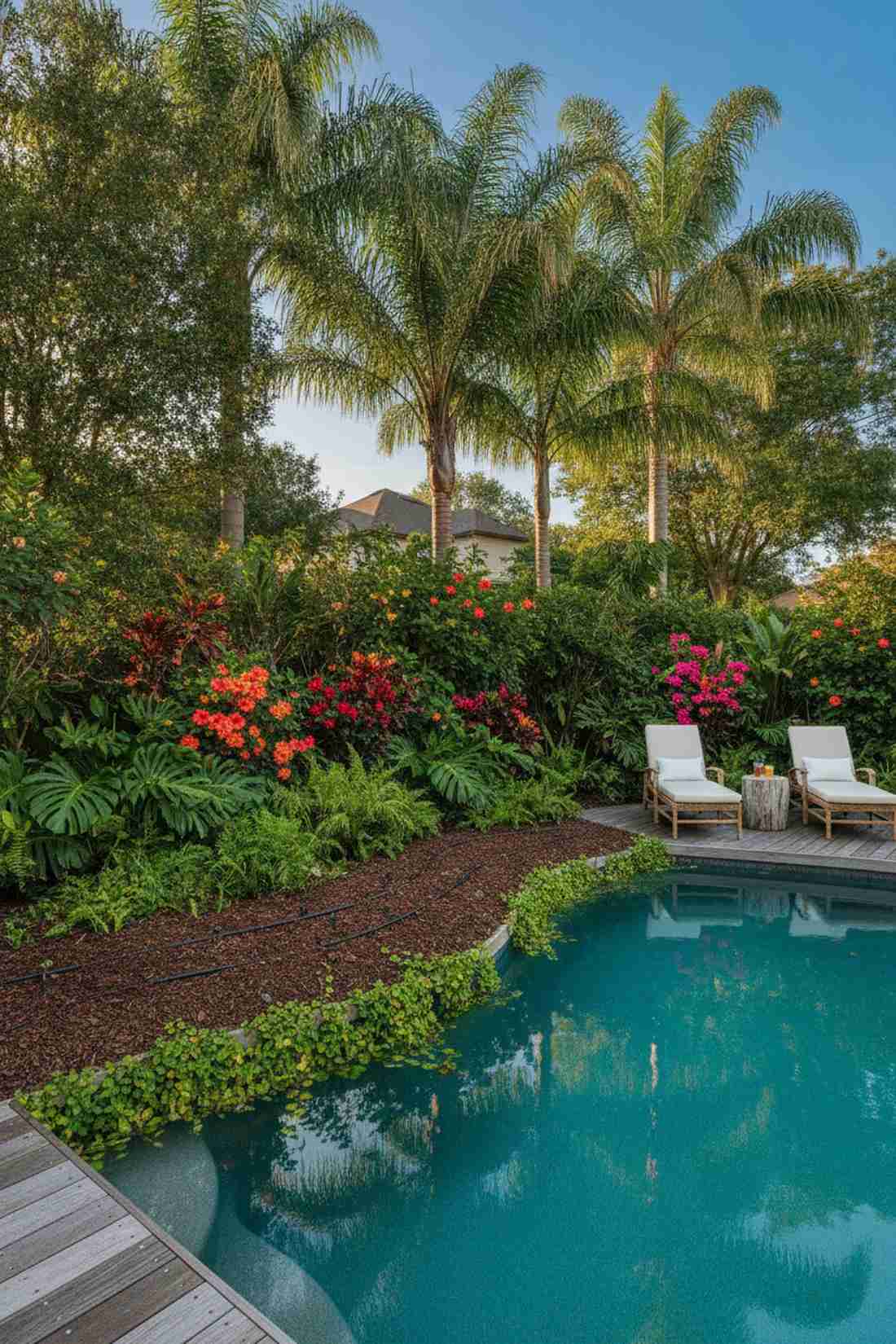 tropical oasis pool with planted perimeter
