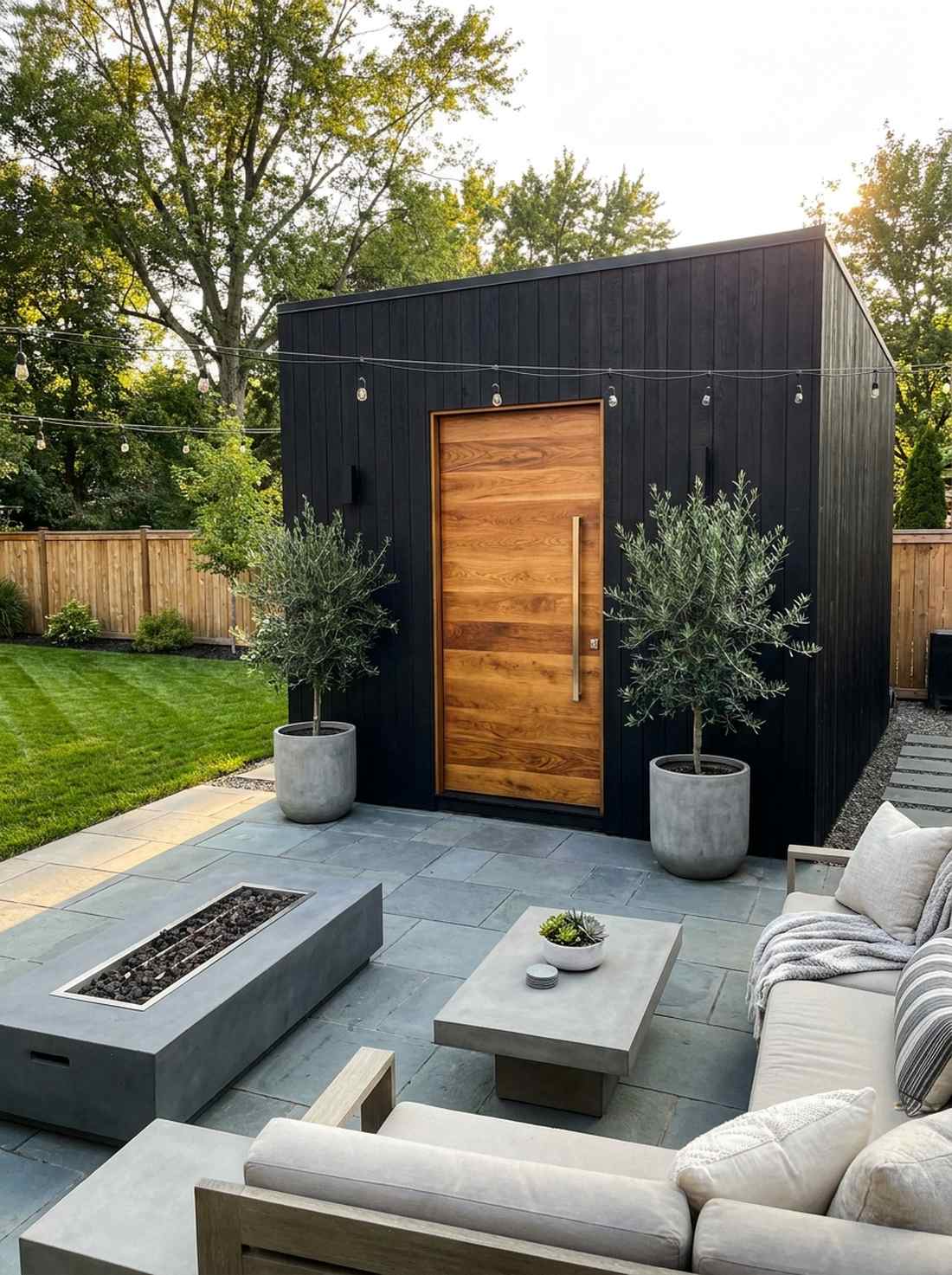 black cube with natural wood door