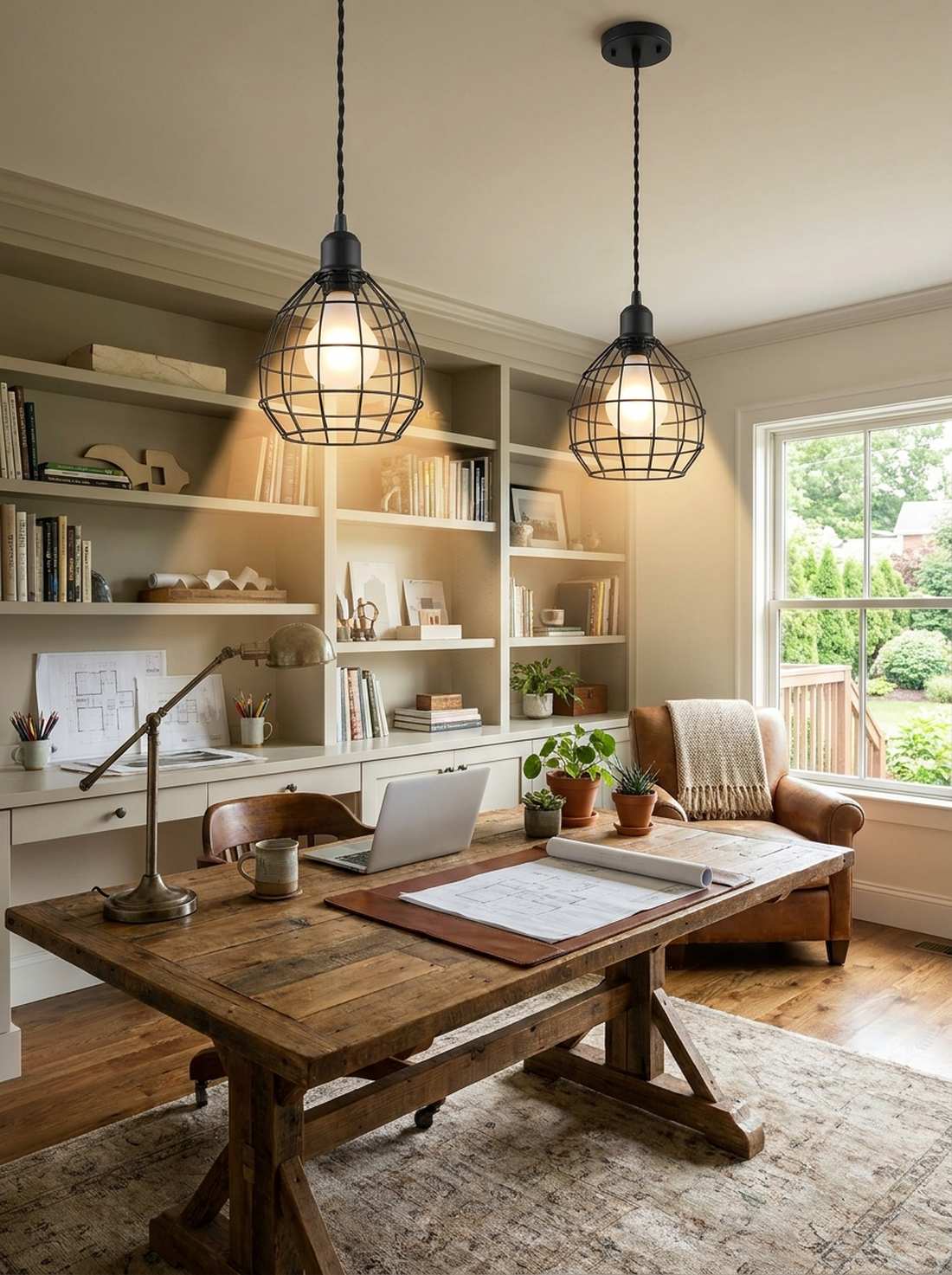 caged factory pendants over workspace