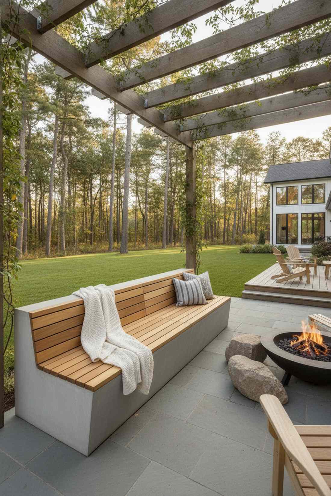 concrete bench with wood inlay strips