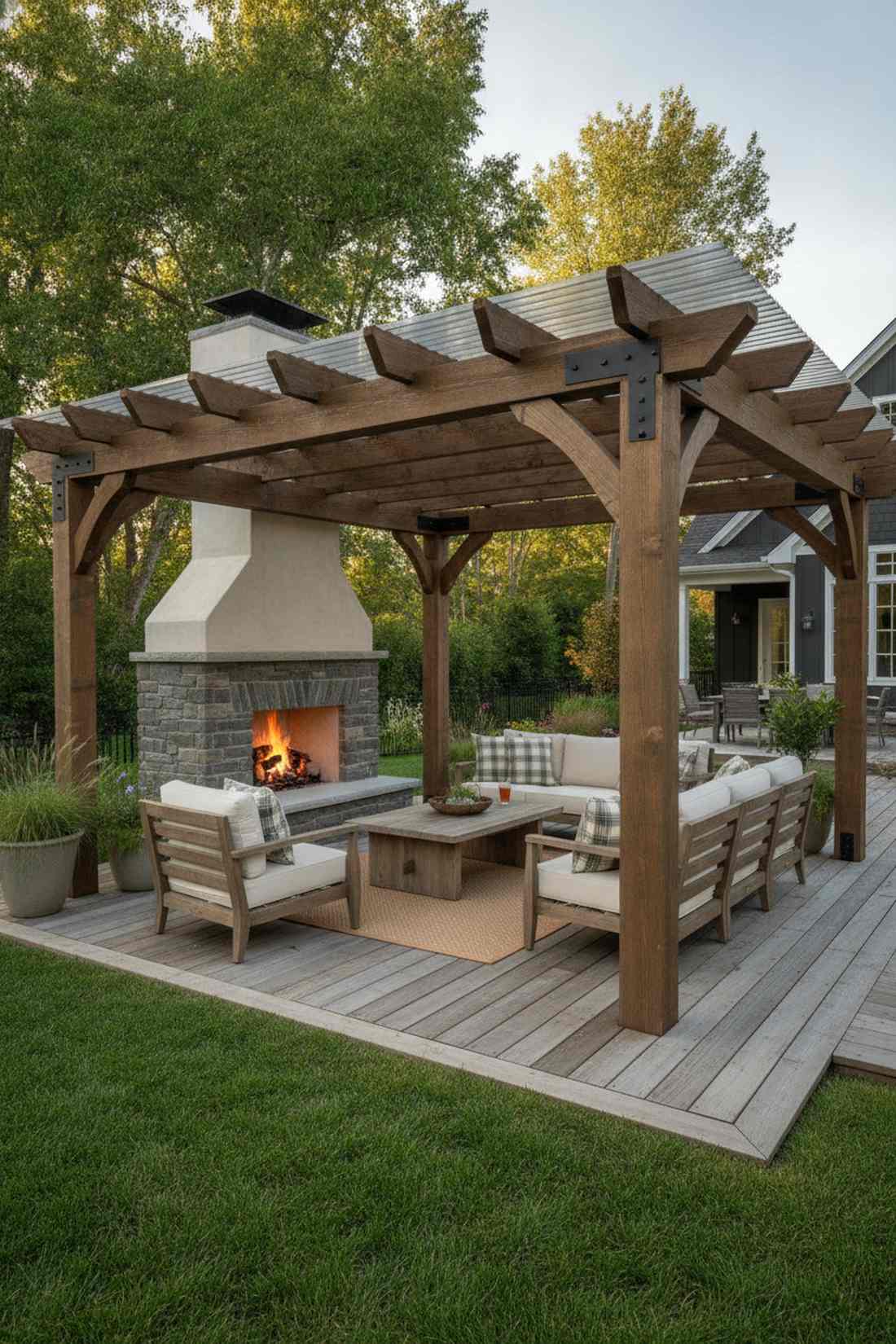 fireplace under timber frame pergola