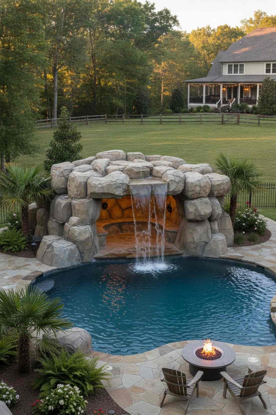 grotto style pool with cave seating