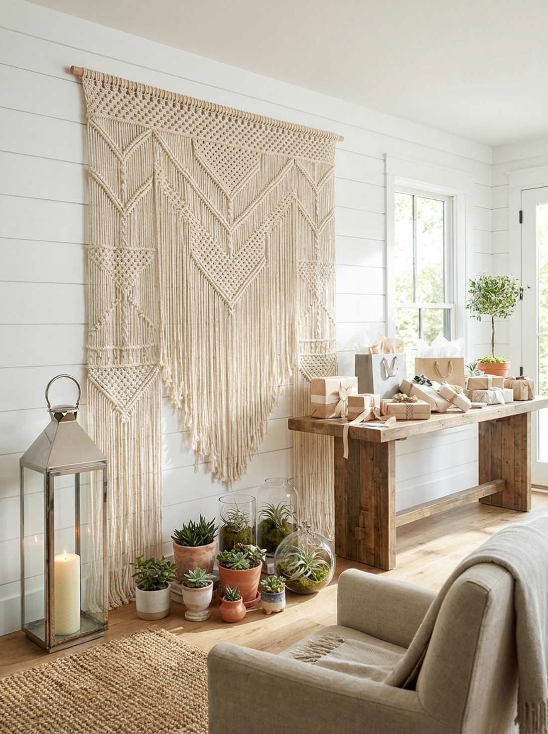 macrame wall hanging behind gift table