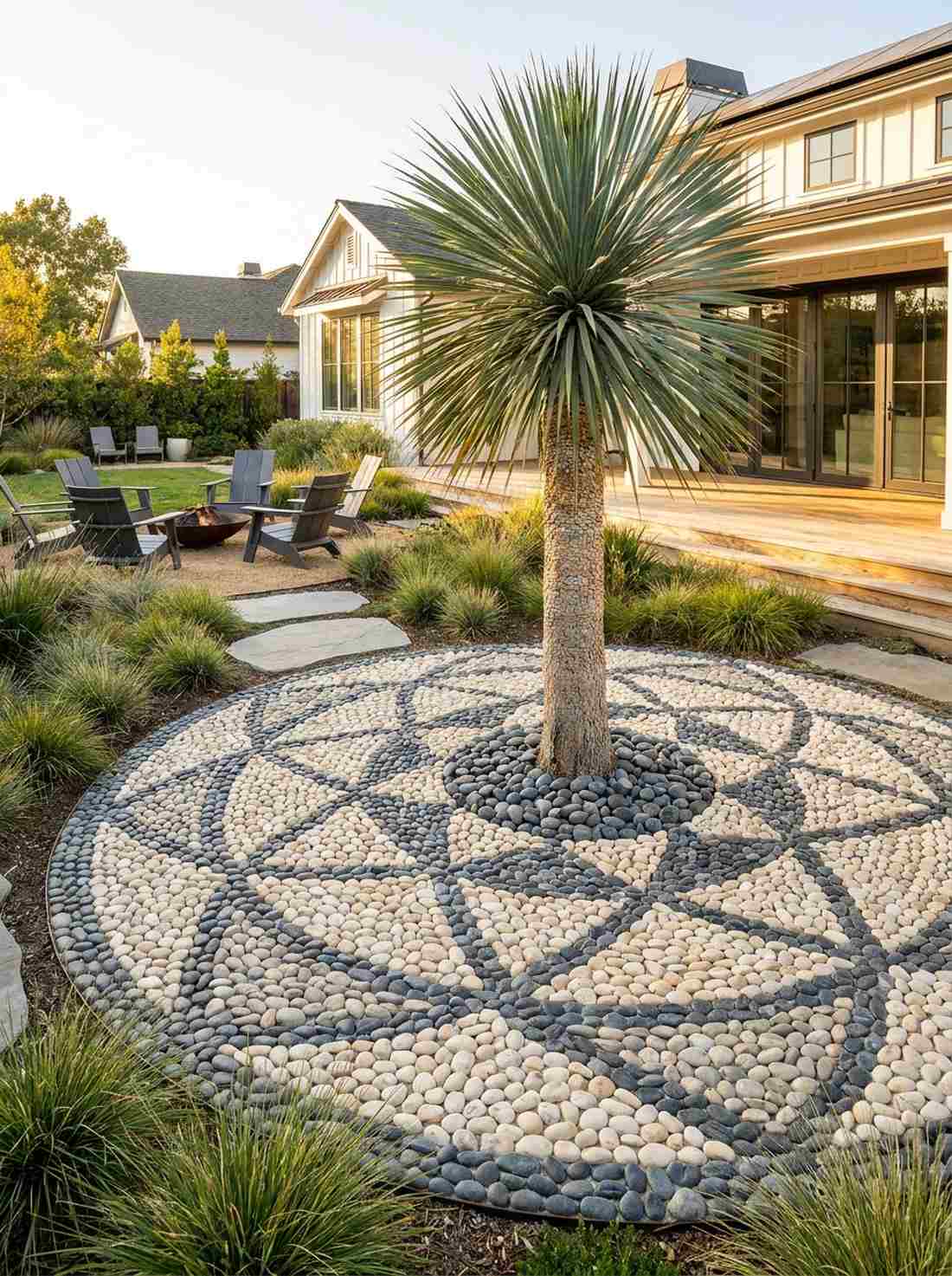 pebble mosaic floor with single palm specimen