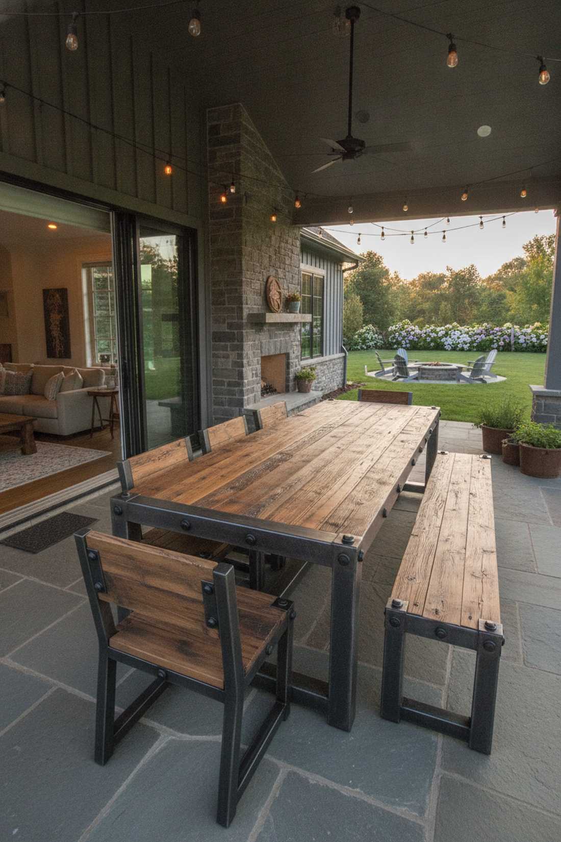 reclaimed timber and angle iron tables