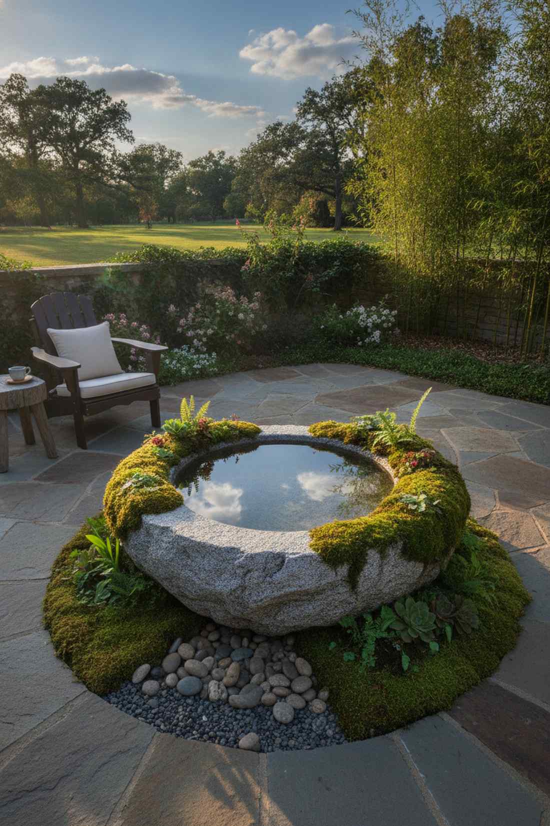 stone basin with moss surround