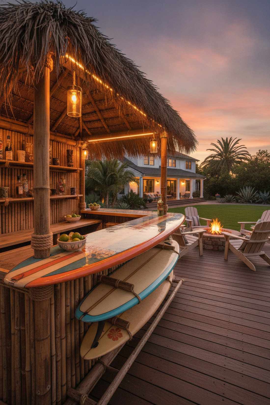 tiki bar with surf decor