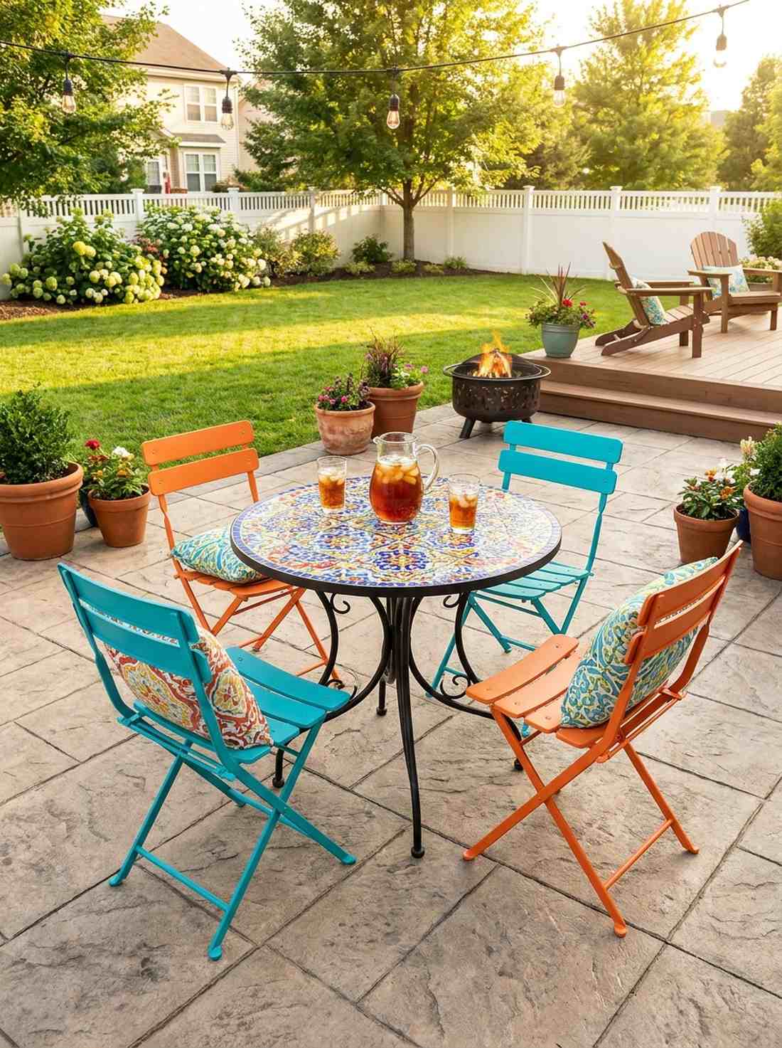 tiled bistro table with color pop chairs