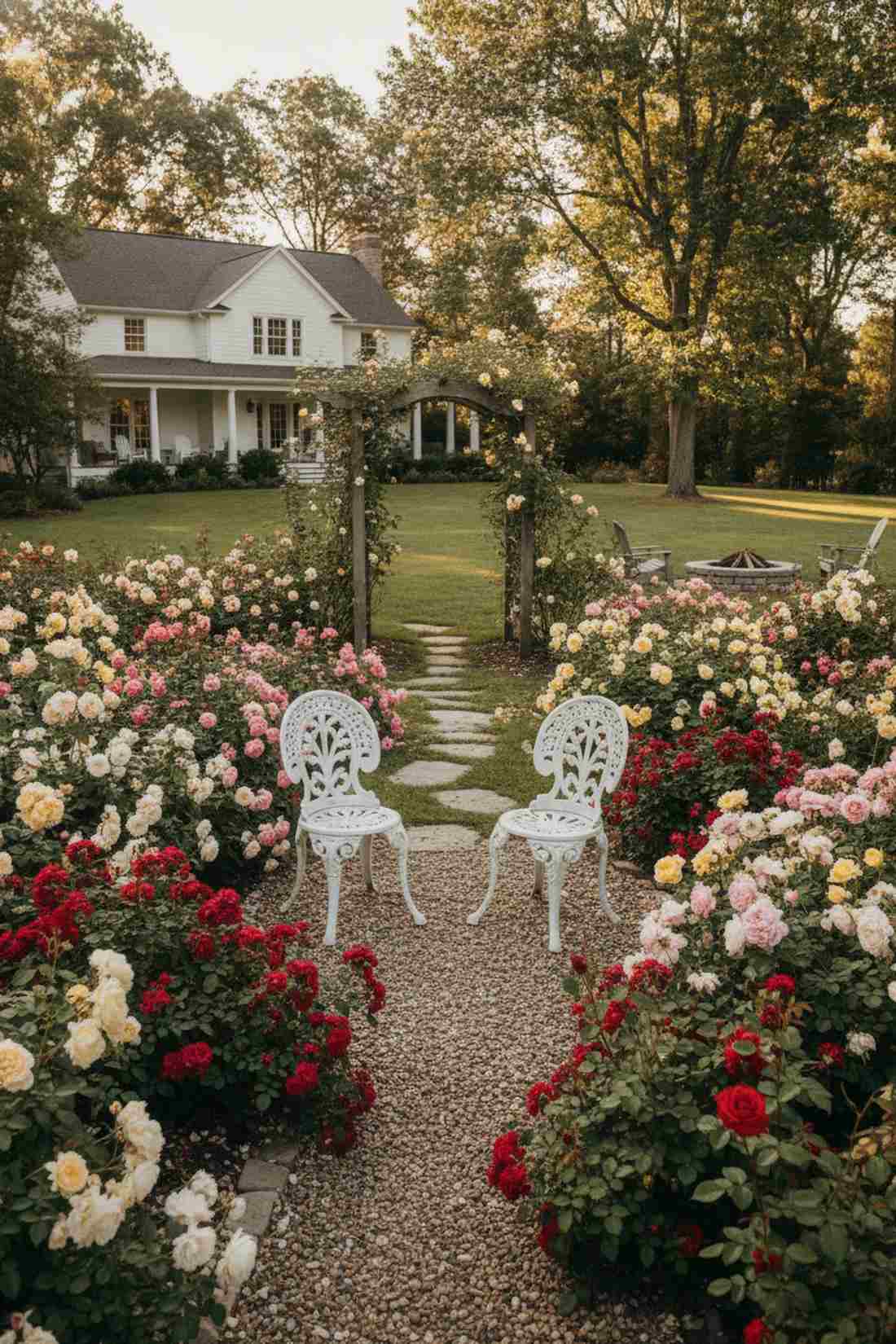 white metal chairs among rose gardens