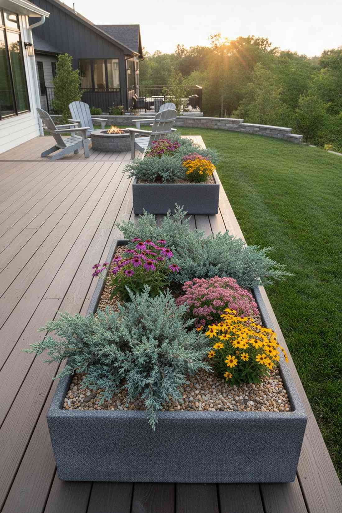 xeriscaped container with potted juniper plants