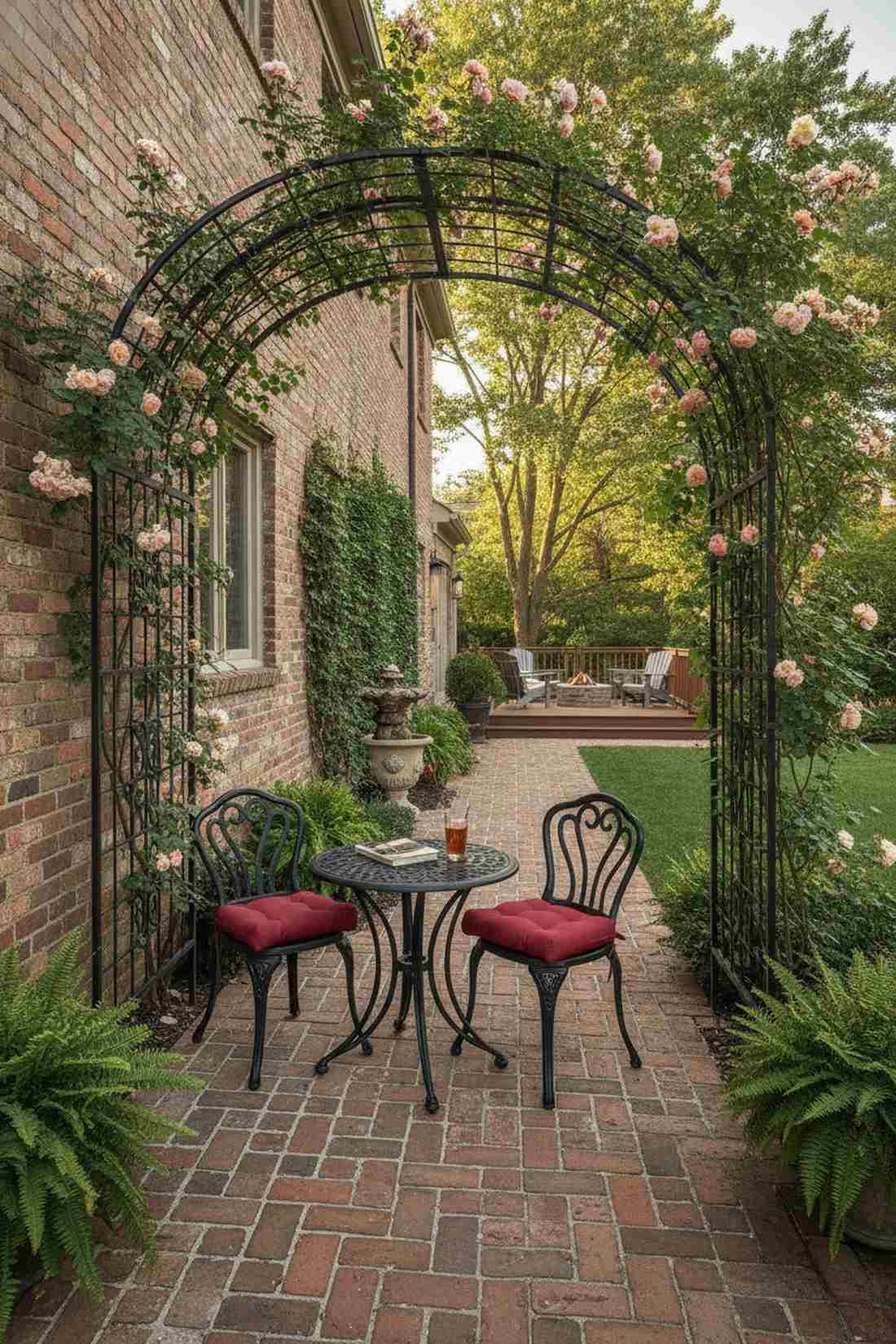 bistro set beneath rose arch