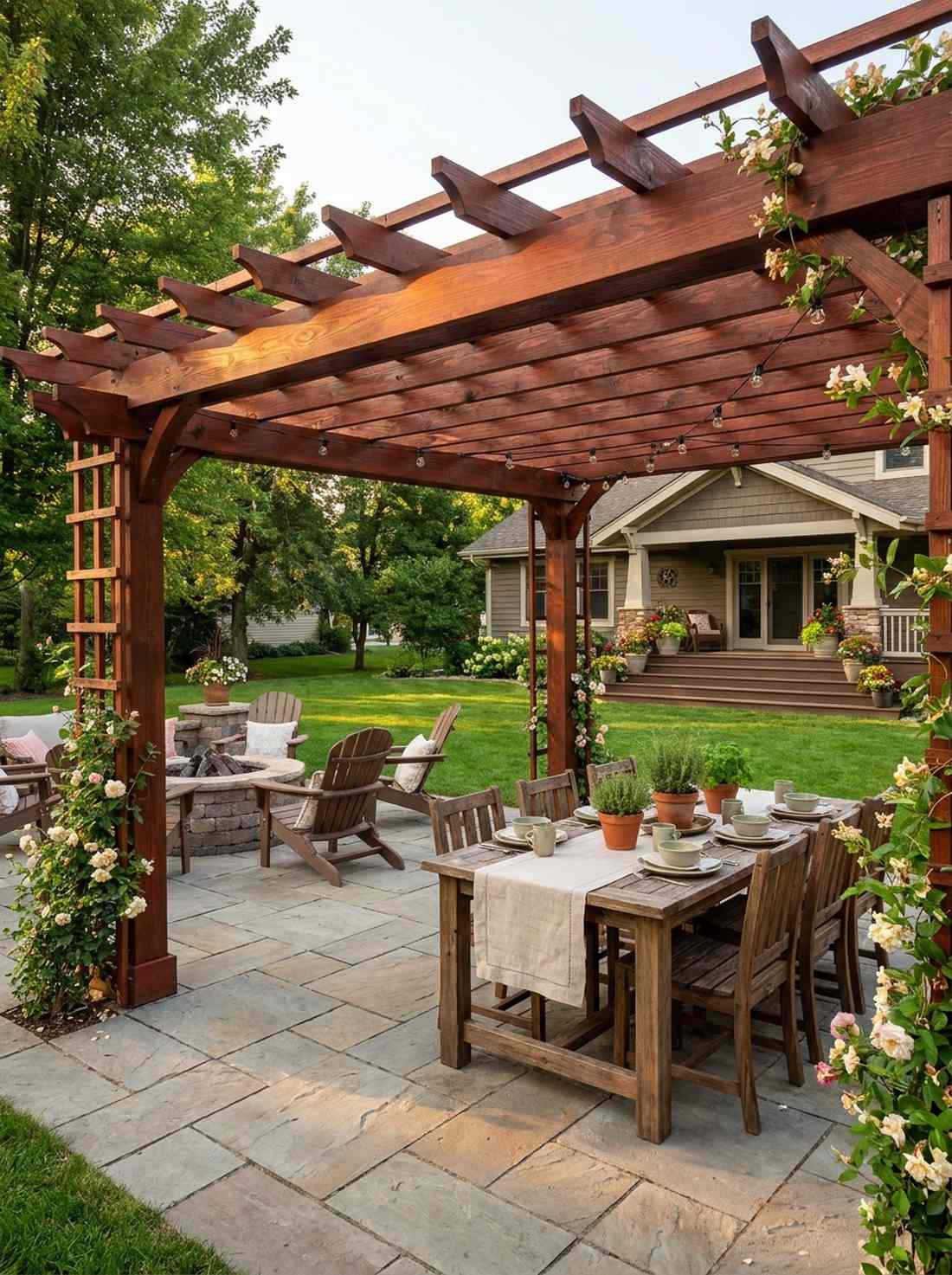 burnt sienna stained wooden pergola
