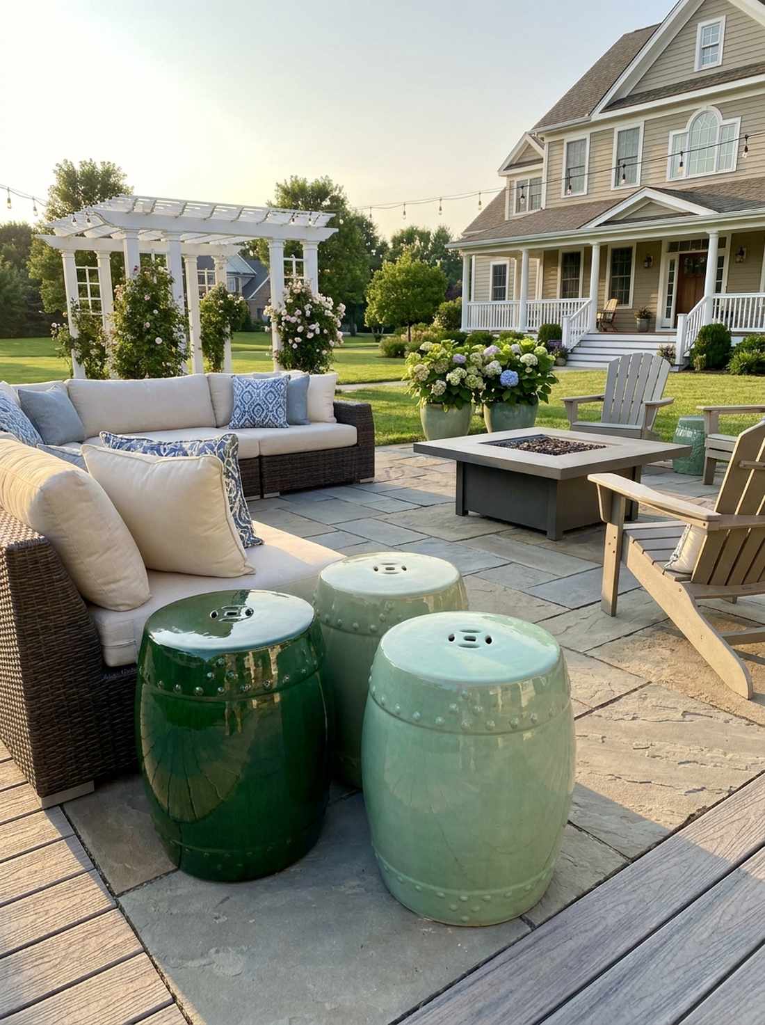 ceramic green garden stool trio