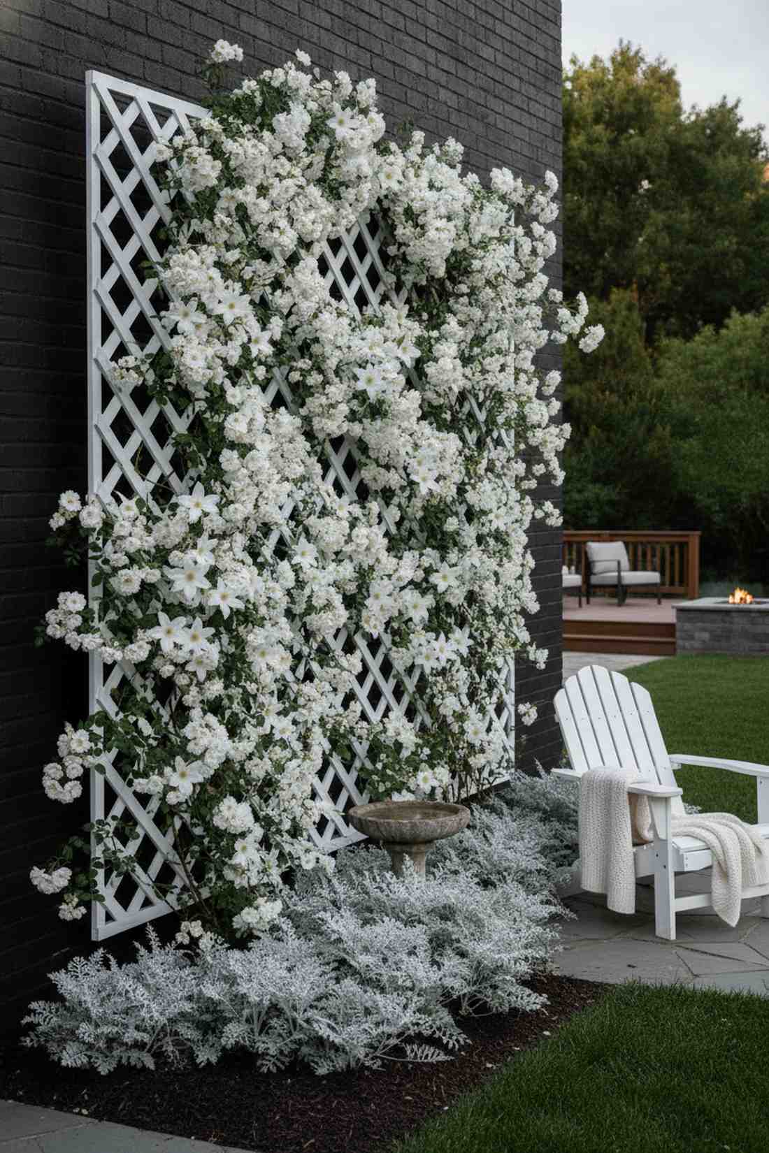 climbing iceberg rose with duchess of edinburgh clematis