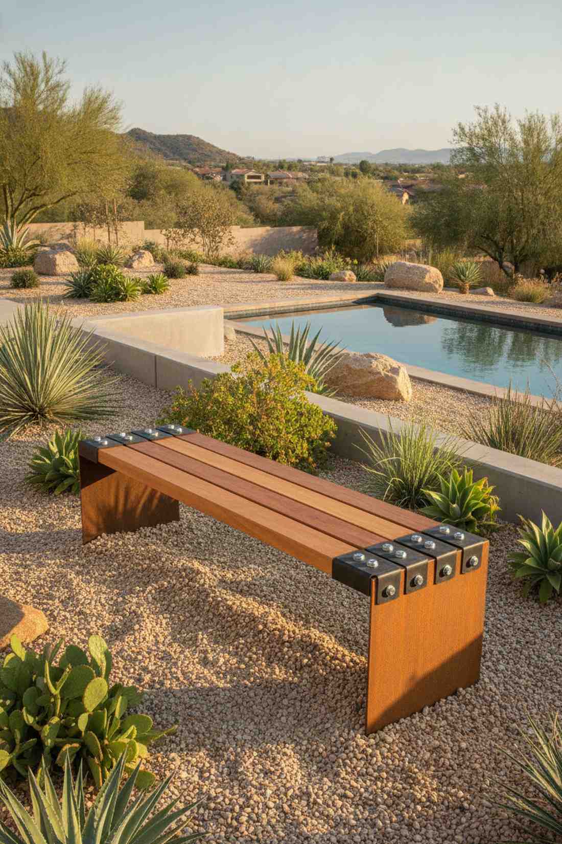 cor ten steel bench with wood seat