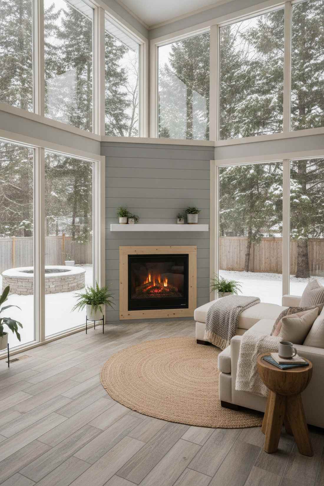 enclosed three season room with corner fireplace