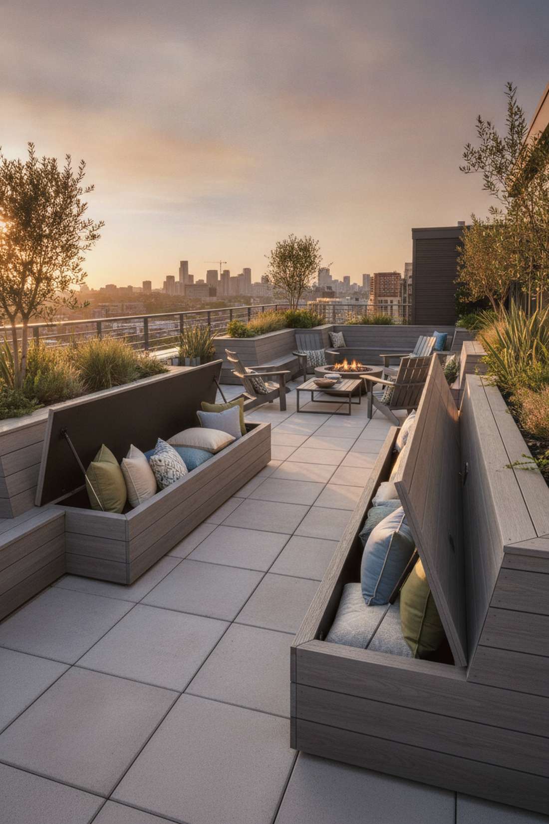 integrated storage benches along perimeter walls