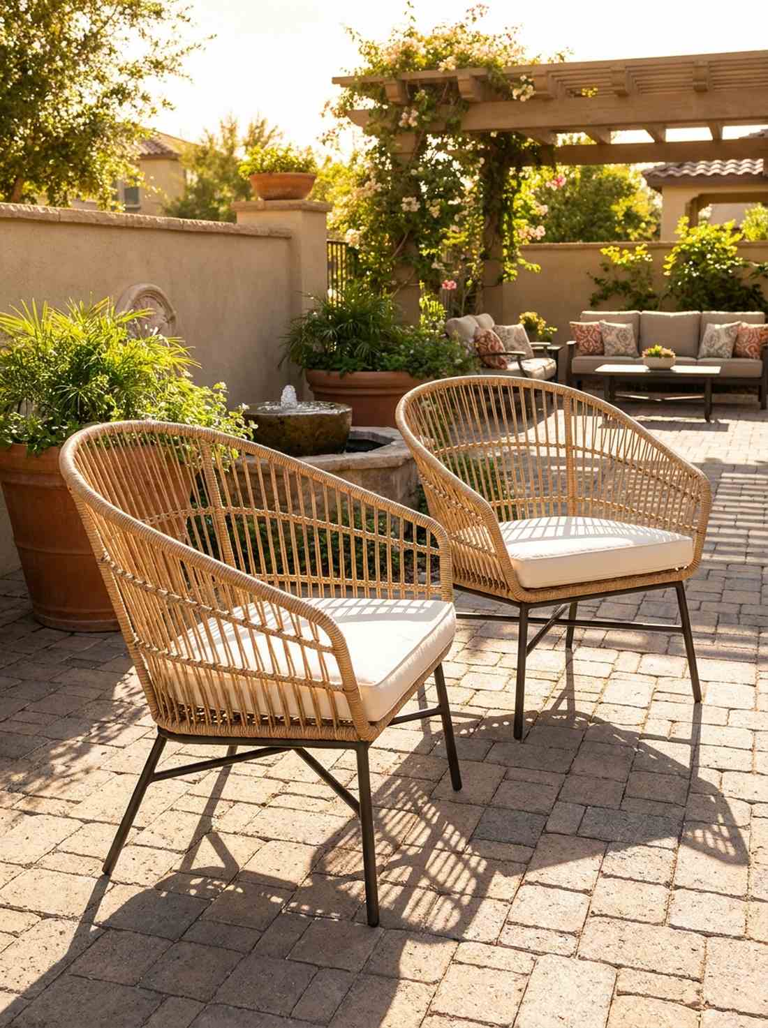 open weave rattan armchairs