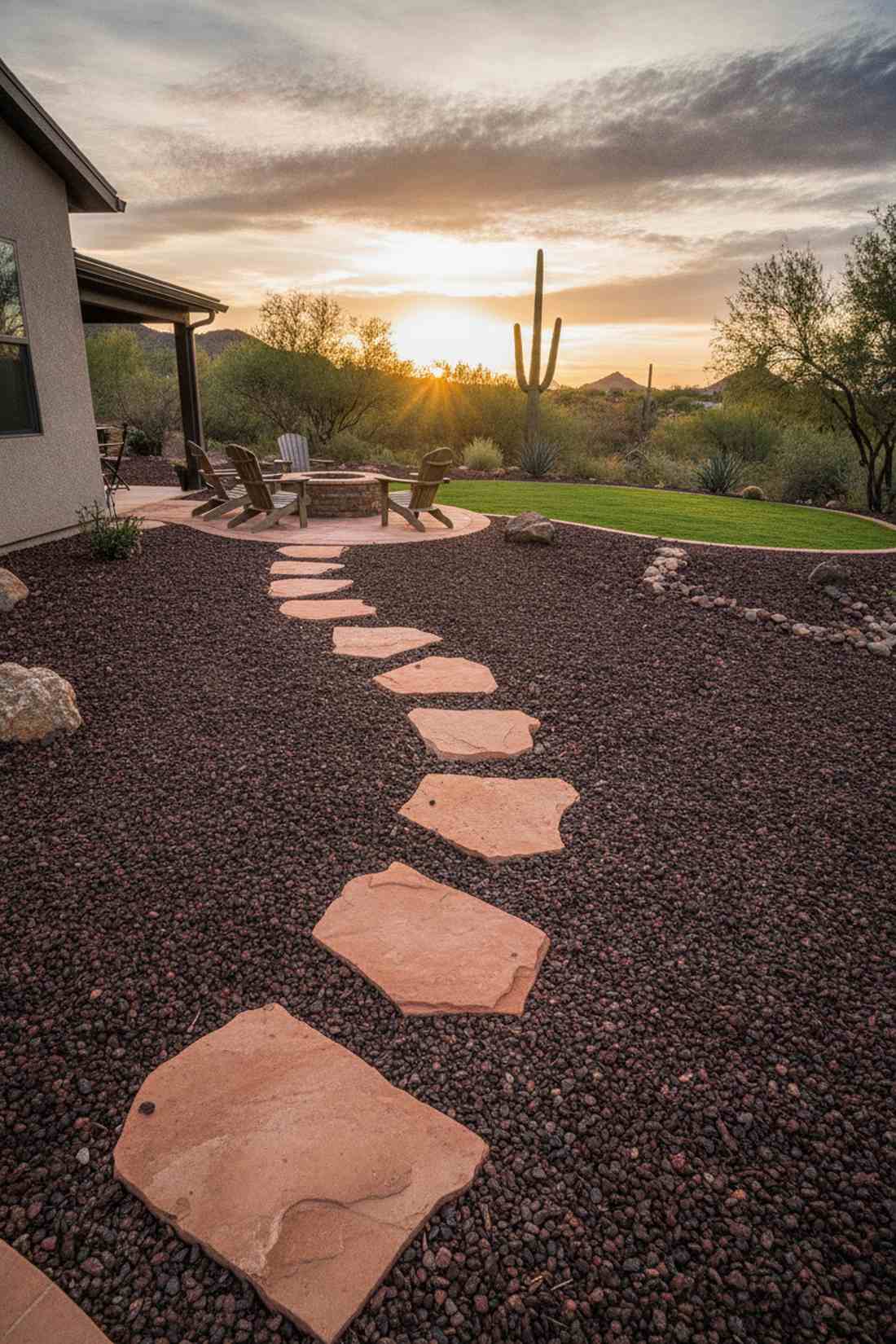 sandstone steppers with lava rock mulch