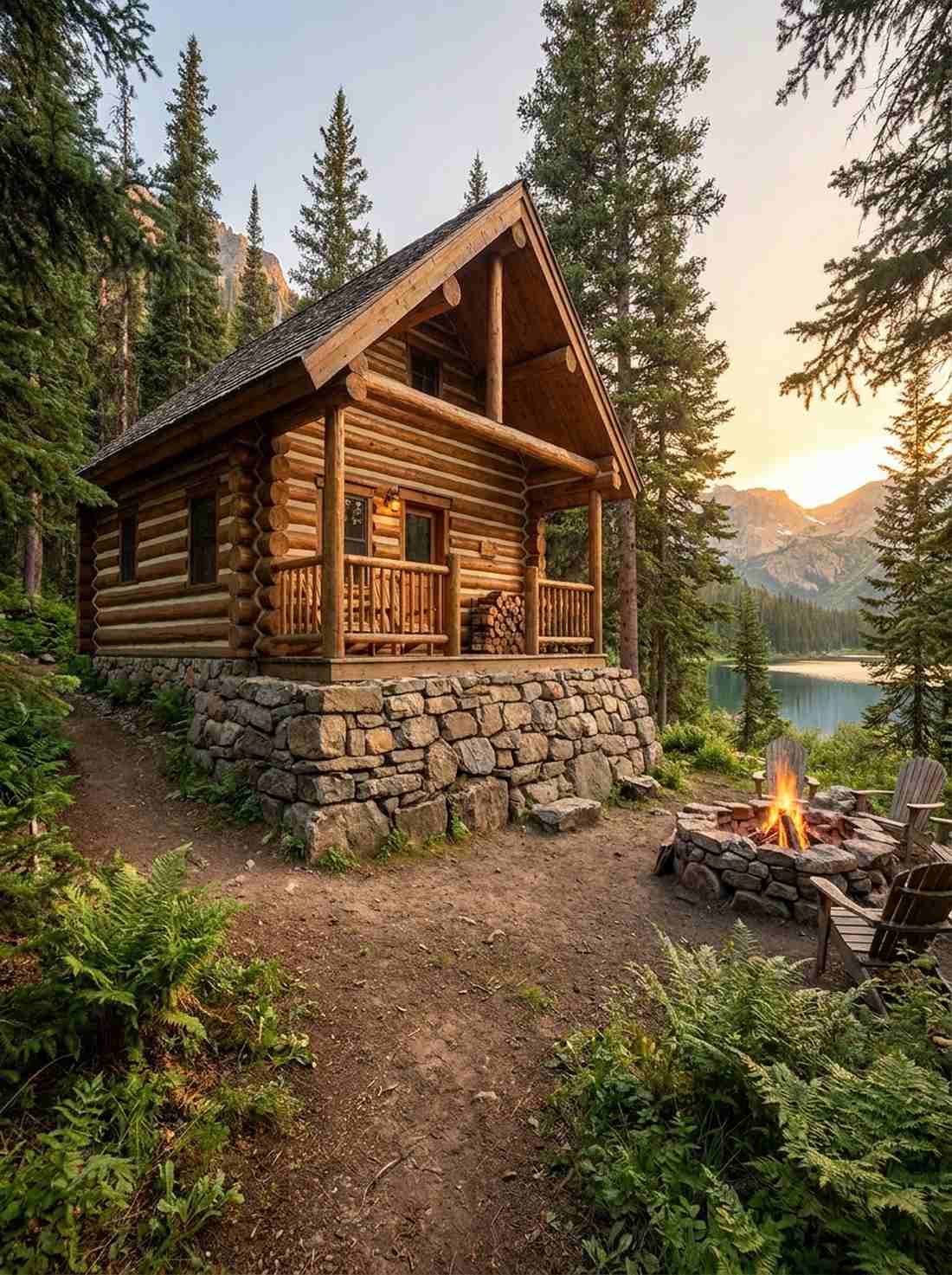 stone foundation log cabin