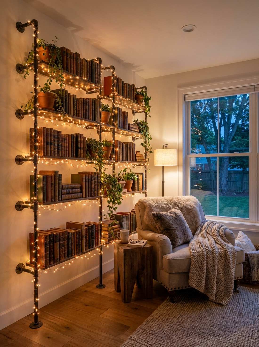 string lights along pipe shelving